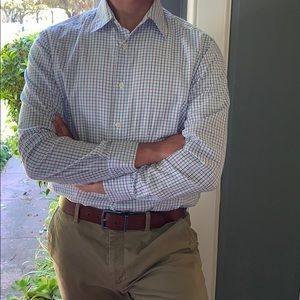 Men’s white and blue plaid dress shirt.